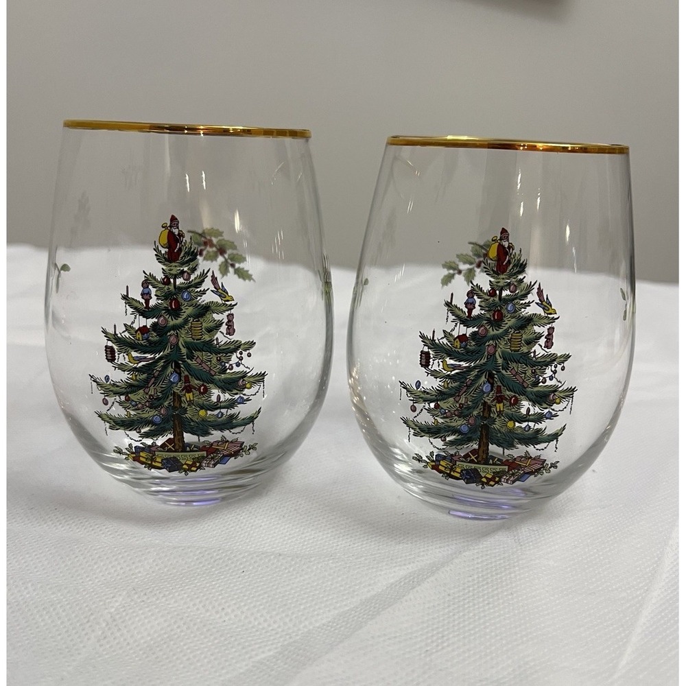 Spode Christmas Tree Stemless Wine Glasses Holiday Tablescape Grandmillennial